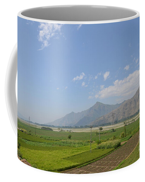 Mountains Coffee Mug featuring the photograph Fields mountains sky and a river Swat Valley Pakistan by Imran Ahmed