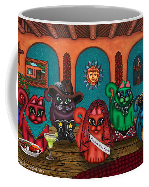 Folk Art Coffee Mug featuring the painting Fiesta Cats II by Victoria De Almeida