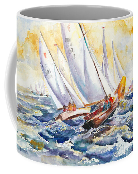 Folkboat Coffee Mug featuring the painting Fight At The Mark - Folkboats Tacking by Barbara Pommerenke