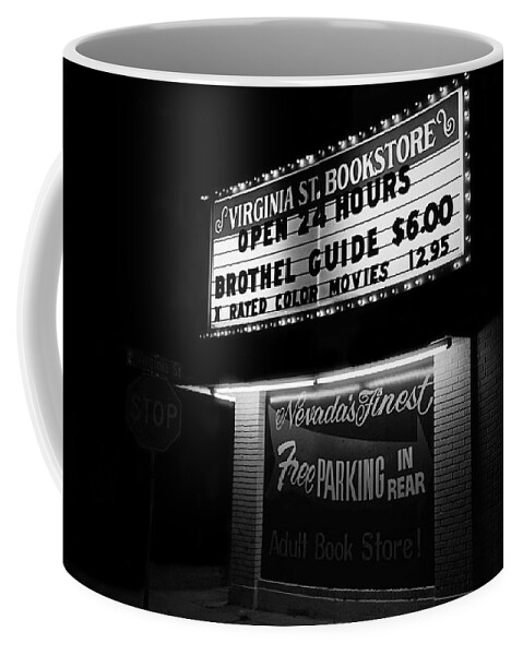 Film Noir Farewell My Lovely 1975 Brothel Guide Virginia Street Bookstore Reno Nevada 1979-2008 Coffee Mug featuring the photograph Film noir Farewell My Lovely 1975 Brothel Guide Virginia St. Bookstore Reno Nevada 1979-2008 by David Lee Guss