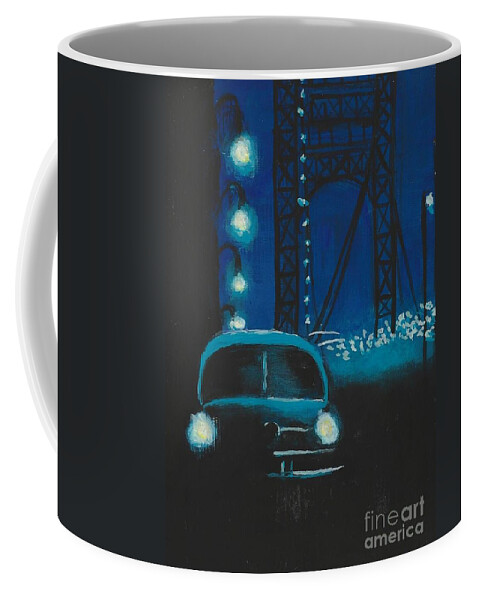#film Noir #retro #1940's #cars #bridges Coffee Mug featuring the painting Film Noir in Blue #1 by Allison Constantino