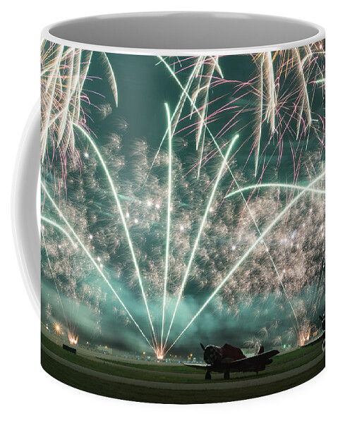 Fireworks Coffee Mug featuring the photograph Fireworks and aircraft by Paul Quinn