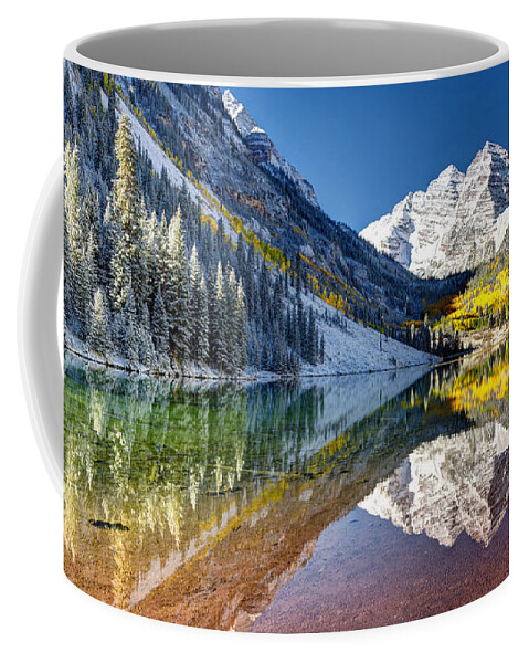 Maroon Bells Colorado Coffee Mug featuring the photograph First Snow Maroon Bells by OLena Art