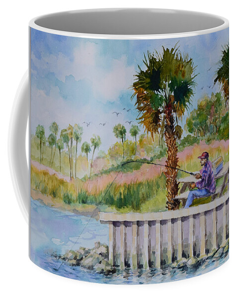 River Coffee Mug featuring the painting Fishing on the Peir by Jyotika Shroff