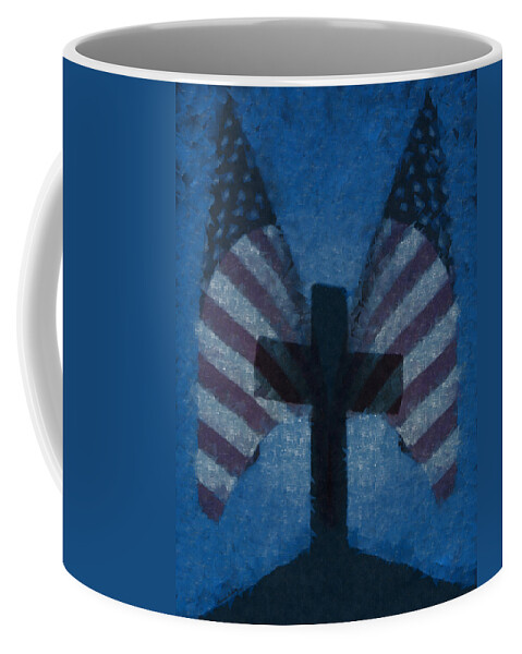 Flag And Cross Coffee Mug featuring the digital art Flags and Cross by Ernest Echols