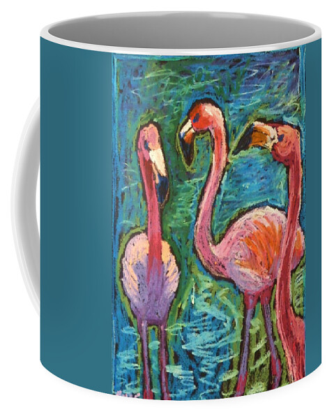 Pink Flamingoes Coffee Mug featuring the painting Flamingoes Wading by Ande Hall
