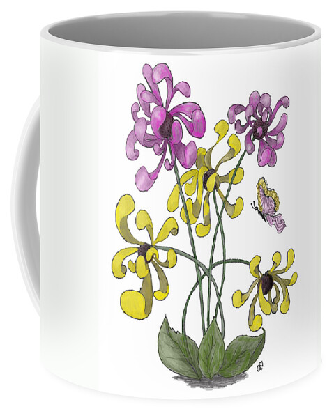 Flowers Coffee Mug featuring the drawing Flipped Flowers and Butterfly in Color by Quwatha Valentine