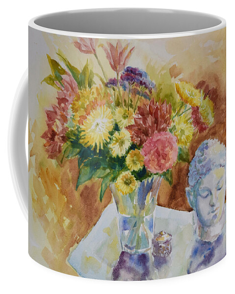 Still Life Coffee Mug featuring the painting Flower Vase with Buddha by Jyotika Shroff