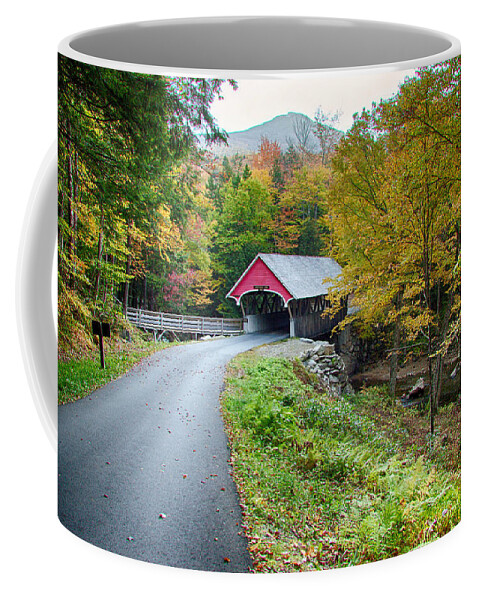 Autumn Foliage New England Coffee Mug featuring the photograph Flume Gorge covered bridge by Jeff Folger