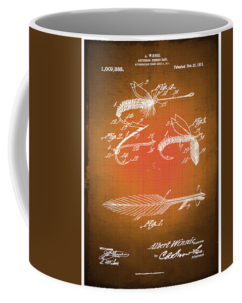 Artificial Fishing Bait Coffee Mug featuring the mixed media Fly Fishing Bait Patent Blueprint Drawing Sepia by Tony Rubino