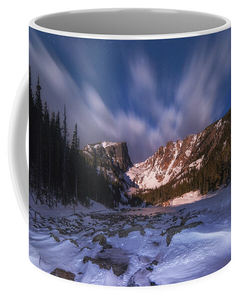 Rocky Mountain National Park Coffee Mug featuring the photograph Flying Clouds over Dream Lake by Darren White