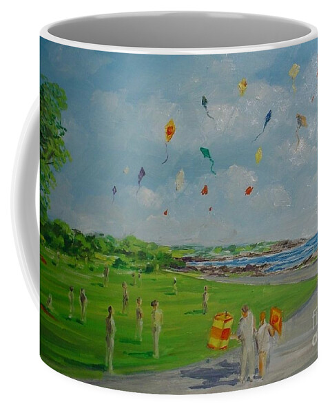 Flying Kites On Brenton's Reef Newport Coffee Mug featuring the painting Flying Kites Newport RI by Perry's Fine Art