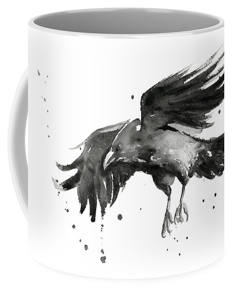 Raven Coffee Mug featuring the painting Flying Raven Watercolor by Olga Shvartsur