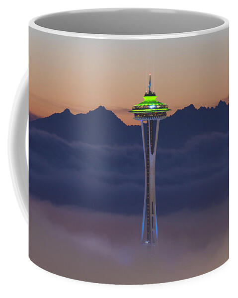 Seattle Coffee Mug featuring the photograph Foggy Space Needle at Sunset by Matt McDonald