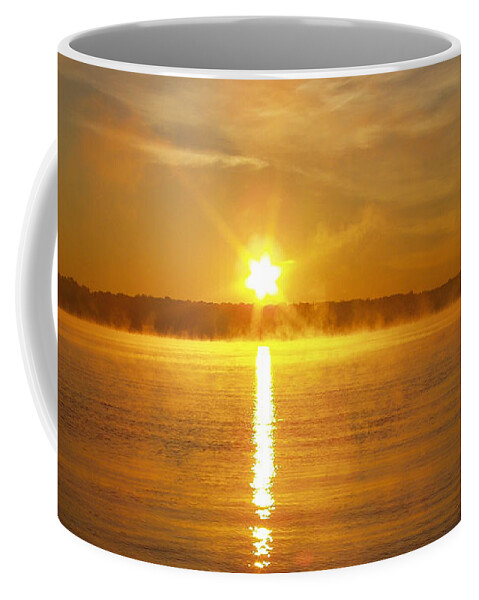 Foggy Sunrise Over Manhassett Bay Coffee Mug featuring the photograph Foggy Sunrise Over Manhassett Bay by John Telfer