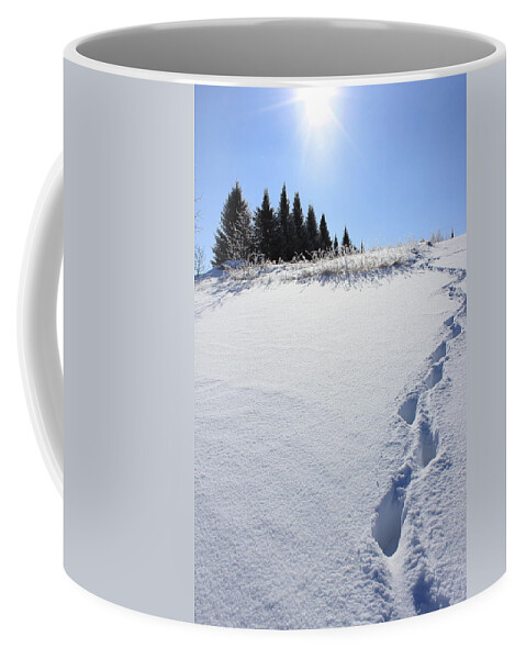 Snow Coffee Mug featuring the photograph Footprints in the Snow by Penny Meyers
