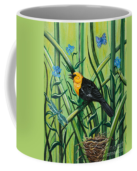 Yellow Headed Blackbird Coffee Mug featuring the painting For Get Me Not by Jennifer Lake
