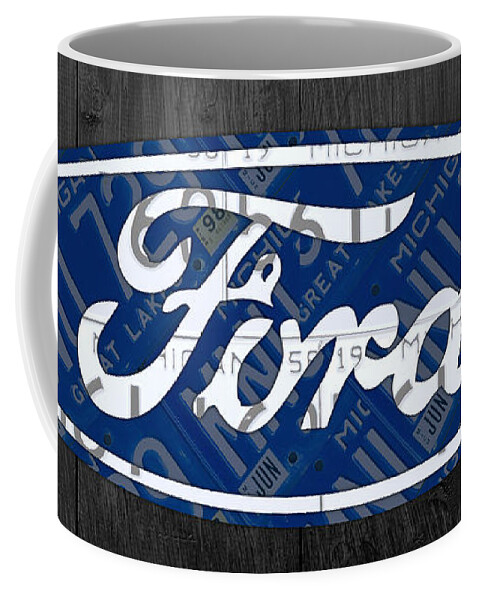 Ford Coffee Mug featuring the mixed media Ford Motor Company Retro Logo License Plate Art by Design Turnpike