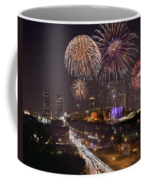 Coffee Mug featuring the photograph Fort Worth Skyline At Night Fireworks Color Evening Ft. Worth Texas by Jon Holiday