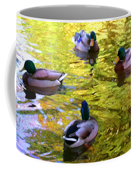 Landscape Coffee Mug featuring the painting Four Ducks on Pond by Amy Vangsgard