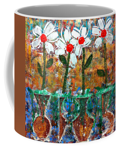 Cleaster Cotton Coffee Mug featuring the painting Four Flowers Four Vessels by Cleaster Cotton