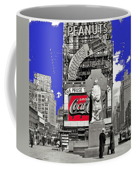 Fr. Duffy Statue Prior To Unveiling Coca Cola Sign Times Square New York City 1937 Coffee Mug featuring the photograph Fr. Duffy statue prior to unveiling Coca Cola sign Times Square New York City 1937-2014 by David Lee Guss