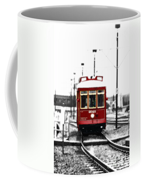 Travelpixpro New Orleans Coffee Mug featuring the photograph French Quarter French Market Street Car New Orleans Color Splash Black and White with Diffuse Glow by Shawn O'Brien