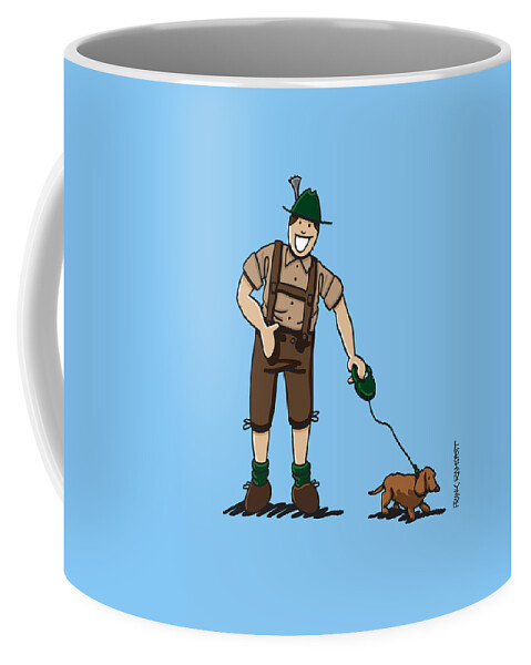Frank Ramspott Coffee Mug featuring the digital art Friendly Lederhosen Man With Dachshund by Frank Ramspott
