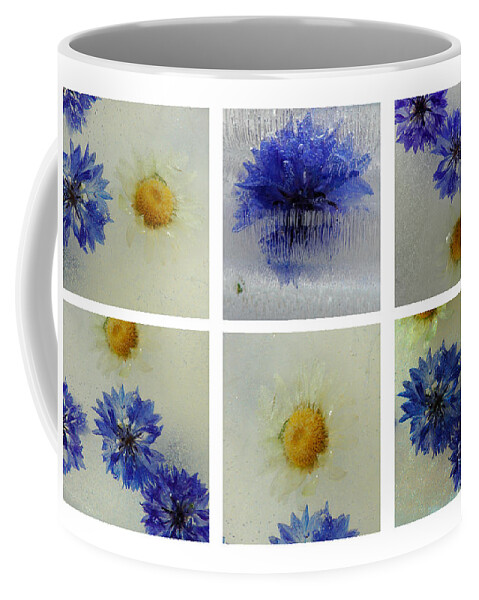 Frozen Ice Blue Flowers Icy Macro Collage Coffee Mug featuring the photograph Frozen Blue by Randi Grace Nilsberg