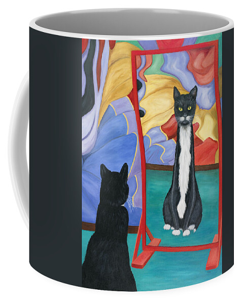 Cat Art Coffee Mug featuring the painting Fun House Skinny Cat by Karen Zuk Rosenblatt