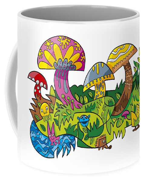 Frank Ramspott Coffee Mug featuring the digital art Funny Mushroom Animals Scene Doodle by Frank Ramspott