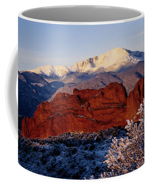 Garden Of The Gods Pikes Peak Colorado Springs Sunrise Hoarfrost Coffee Mug featuring the photograph Garden of the Gods by Susie Rieple