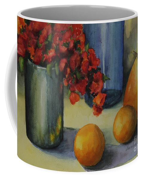 Pewter Vase Coffee Mug featuring the photograph Geraniums with Pear and Oranges by Maria Hunt