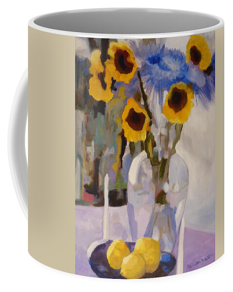 Still Life Sunflowers Mums Glass Vase Coffee Mug featuring the painting Gifts of the Sun by Susan Duda