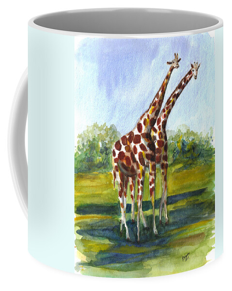 Giraffe Coffee Mug featuring the painting Giraffe twins by Clara Sue Beym