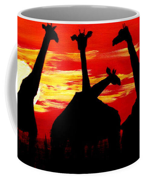 Giraffe Coffee Mug featuring the painting Giraffes Sunset Africa Serengeti by Katy Hawk