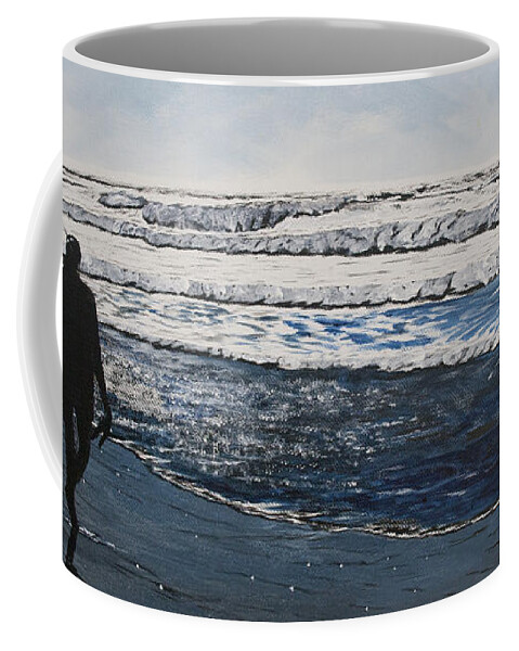 Cardiff Coffee Mug featuring the painting Girl and Dog Walking on the Beach by Ian Donley