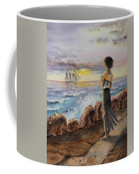 Sailing Coffee Mug featuring the painting Girl And The Ocean Sailing Ship by Irina Sztukowski