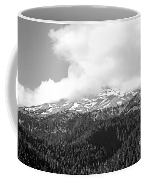 Mount Rainier Coffee Mug featuring the photograph Glaciers in the Clouds BW. Mt. Rainier National Park by Connie Fox