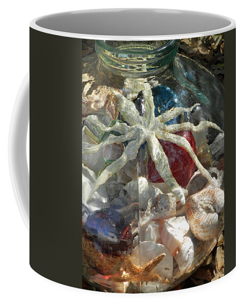 Shells Coffee Mug featuring the photograph Glass jar with Starfish and Shells by Deborah Ferree