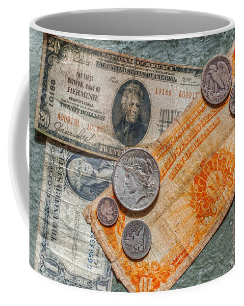 Gold Certificate And Silver Coins Coffee Mug featuring the photograph Gold Certificate and Silver Coins Ver 3 by Randy Steele