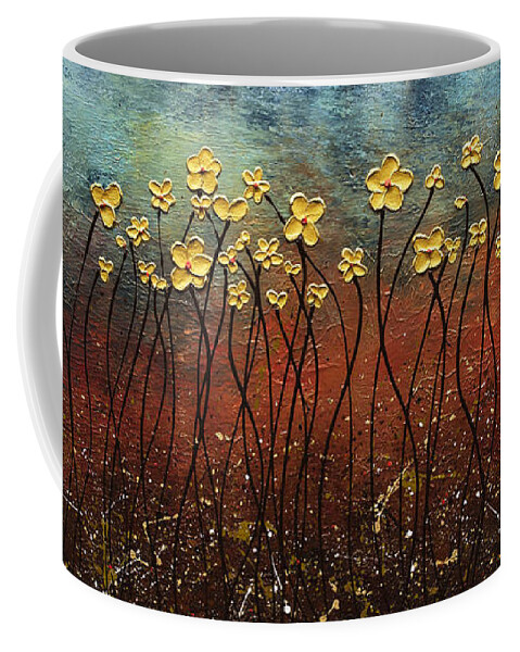 Abstract Art Coffee Mug featuring the painting Golden Flowers by Carmen Guedez
