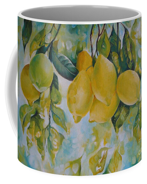 Lemon Coffee Mug featuring the painting Golden fruit by Elena Oleniuc