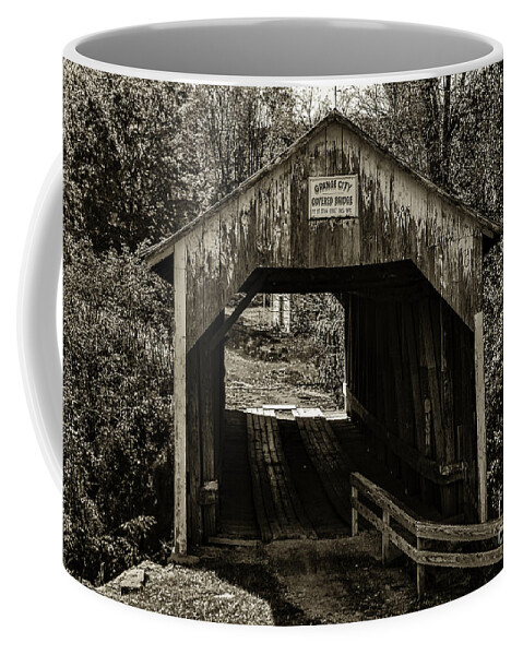 Architecture Coffee Mug featuring the photograph Grange City Covered Bridge - Sepia by Mary Carol Story