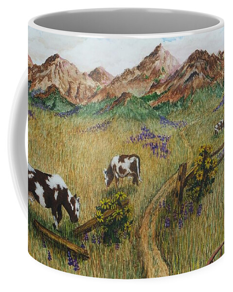 Print Coffee Mug featuring the painting Grazing Cows by Katherine Young-Beck