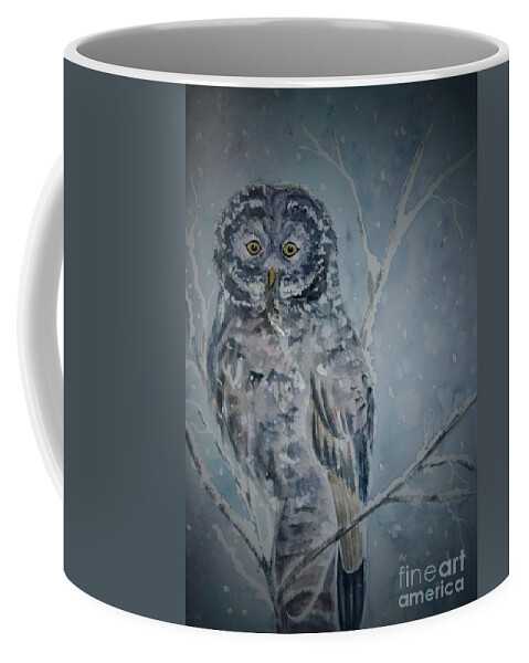 Owl Coffee Mug featuring the painting Great Gray Owl Dark of Night by Ellen Levinson