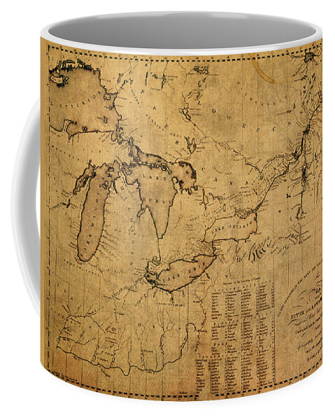 Great Lakes Coffee Mug featuring the mixed media Great Lakes and Canada Vintage Map on Worn Canvas Circa 1812 by Design Turnpike