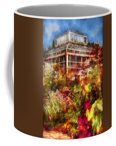 Savad Coffee Mug featuring the digital art Greenhouse - The Greenhouse and the Garden by Mike Savad