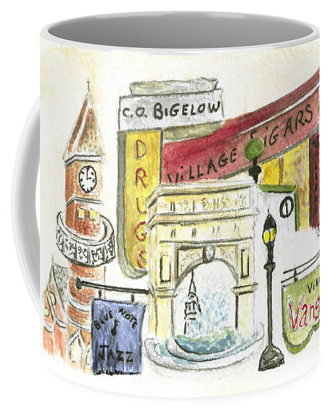 Greenwich Village Collage C.o. Bigelow Vanguard Village Cigar Jefferson Market Library Blue Note Nyc Coffee Mug featuring the painting Greenwich Village Collage by AFineLyne