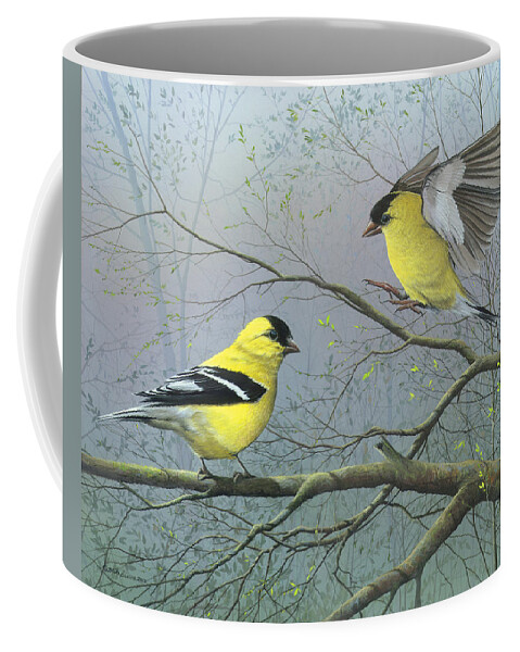 American Goldfinch Coffee Mug featuring the painting Greetings My Friend by Mike Brown